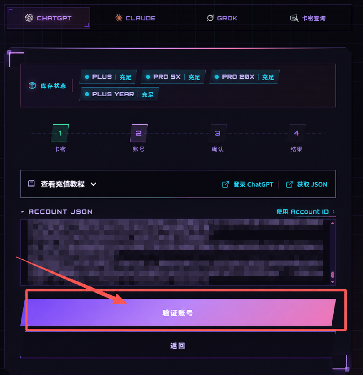 将账号信息粘贴到Account JSON输入框并点击验证账号，示例内容已打码